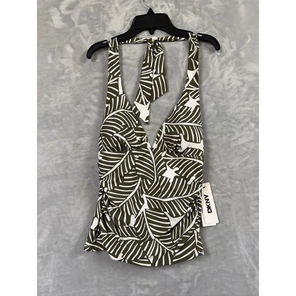 NWT DKNY Tankini Swim Top Womens Olive Green Tropical Palm Leaf Halter Small $60